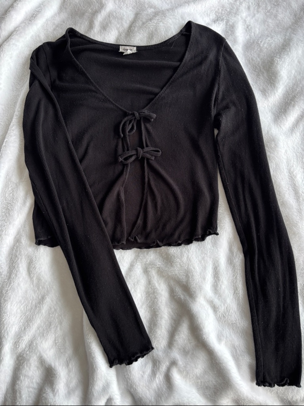 Garage Black Ribbed Tie-Front Long Sleeve Crop Top